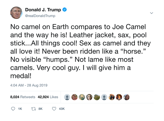 Illustration for article titled Celebrating An Icon: President Trump Has Invited Joe Camel To The White House In Honor Of Being The Coolest Camel He Has Ever Heard Of